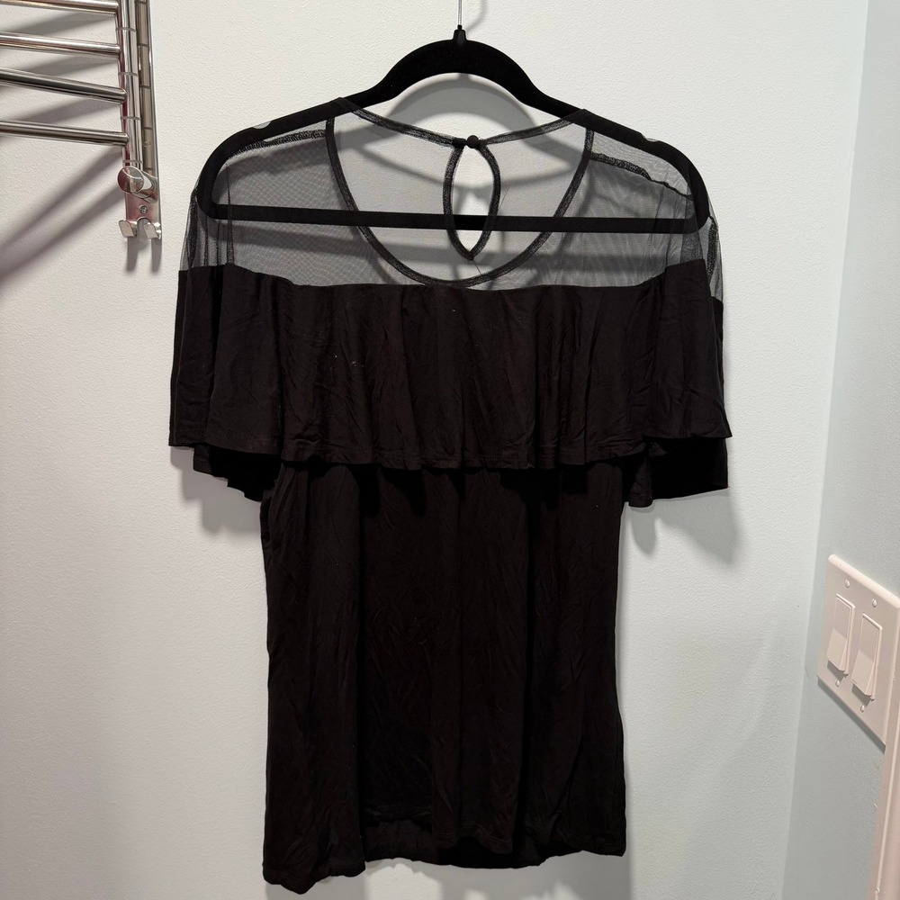 INC International Concepts Black Mesh Yoke Ruffle Blouse Womens XL Short Sleeve - Picture 4 of 4